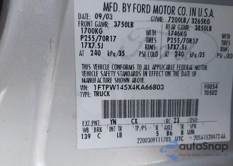 2004 Ford F-150 Fx4/Lariat/Xlt z USA, uszkodzony, nr VIN 1FTPW145X4KA66803